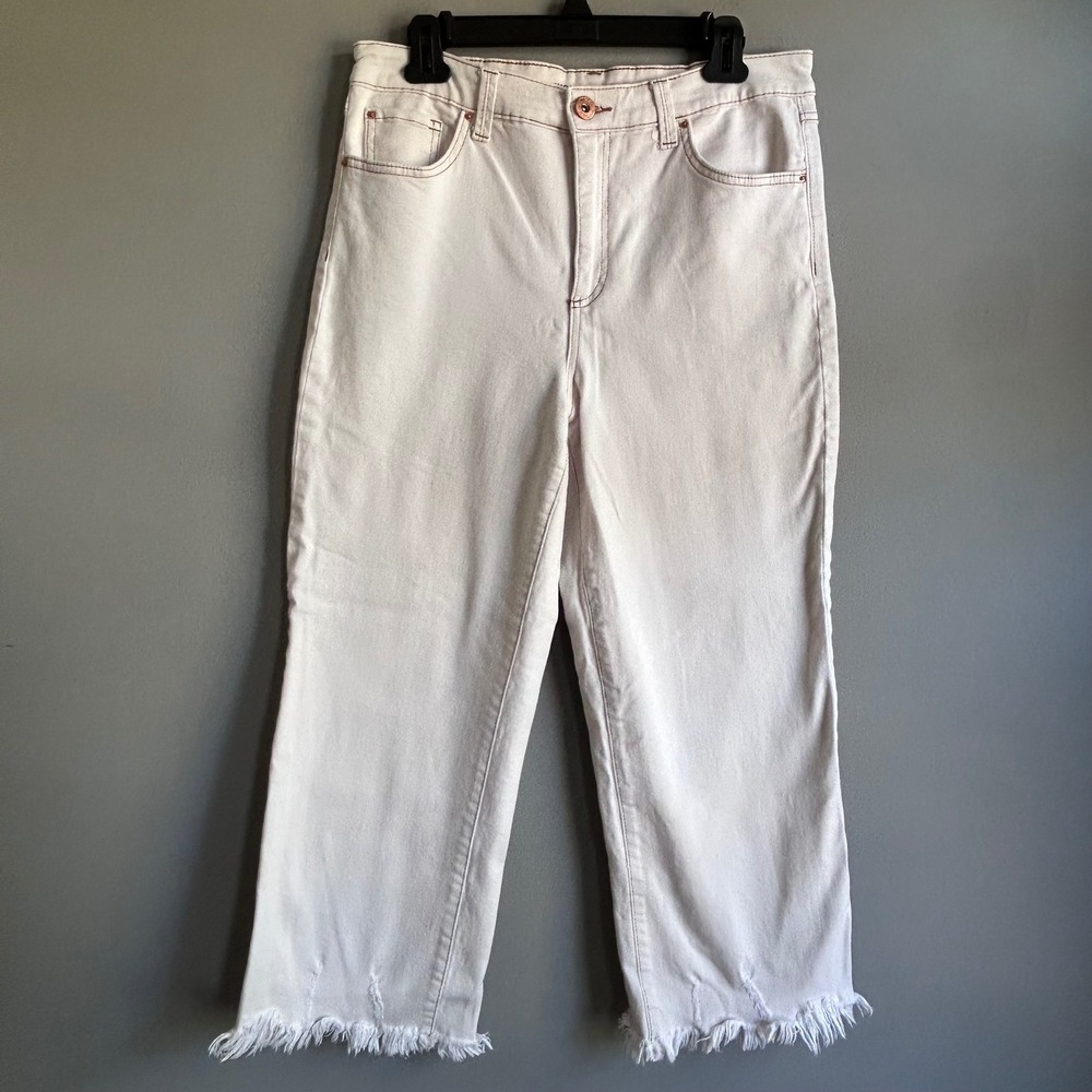 INC Denim High Rise Wide Leg Crop Off-White Frayed Hem Jeans 10/30 100145465